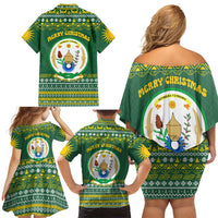 Rwanda Christmas Family Matching Off Shoulder Short Dress and Hawaiian Shirt with Green-Yellow Pattern, National Emblem, and Radiant Sun Motif - Wonder Print Shop