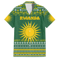 Rwanda Christmas Family Matching Off Shoulder Short Dress and Hawaiian Shirt with Green-Yellow Pattern, National Emblem, and Radiant Sun Motif - Wonder Print Shop