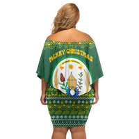 Rwanda Christmas Family Matching Off Shoulder Short Dress and Hawaiian Shirt with Green-Yellow Pattern, National Emblem, and Radiant Sun Motif - Wonder Print Shop