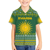 Rwanda Christmas Family Matching Off Shoulder Short Dress and Hawaiian Shirt with Green-Yellow Pattern, National Emblem, and Radiant Sun Motif - Wonder Print Shop