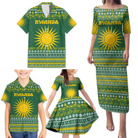 Rwanda Christmas Family Matching Puletasi and Hawaiian Shirt with Green-Yellow Pattern, National Emblem, and Radiant Sun Motif - Wonder Print Shop