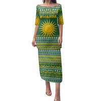 Rwanda Christmas Family Matching Puletasi and Hawaiian Shirt with Green-Yellow Pattern, National Emblem, and Radiant Sun Motif - Wonder Print Shop