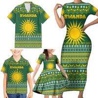 Rwanda Christmas Family Matching Short Sleeve Bodycon Dress and Hawaiian Shirt with Green-Yellow Pattern, National Emblem, and Radiant Sun Motif - Wonder Print Shop