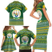 Rwanda Christmas Family Matching Short Sleeve Bodycon Dress and Hawaiian Shirt with Green-Yellow Pattern, National Emblem, and Radiant Sun Motif - Wonder Print Shop
