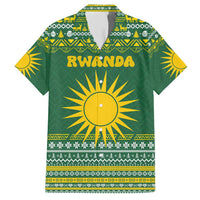 Rwanda Christmas Family Matching Short Sleeve Bodycon Dress and Hawaiian Shirt with Green-Yellow Pattern, National Emblem, and Radiant Sun Motif - Wonder Print Shop