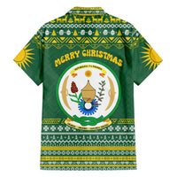 Rwanda Christmas Family Matching Short Sleeve Bodycon Dress and Hawaiian Shirt with Green-Yellow Pattern, National Emblem, and Radiant Sun Motif - Wonder Print Shop