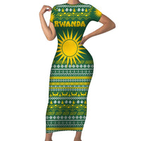 Rwanda Christmas Family Matching Short Sleeve Bodycon Dress and Hawaiian Shirt with Green-Yellow Pattern, National Emblem, and Radiant Sun Motif - Wonder Print Shop