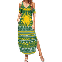 Rwanda Christmas Family Matching Summer Maxi Dress and Hawaiian Shirt with Green-Yellow Pattern, National Emblem, and Radiant Sun Motif - Wonder Print Shop