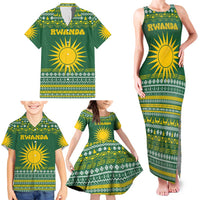 Rwanda Christmas Family Matching Tank Maxi Dress and Hawaiian Shirt with Green-Yellow Pattern, National Emblem, and Radiant Sun Motif - Wonder Print Shop