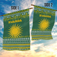 Rwanda Christmas Garden Flag with Green-Yellow Pattern, National Emblem, and Radiant Sun Motif - Wonder Print Shop