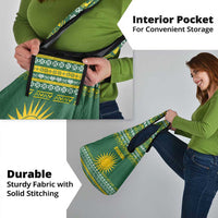 Rwanda Christmas Grocery Bag with Green-Yellow Pattern, National Emblem, and Radiant Sun Motif - Wonder Print Shop
