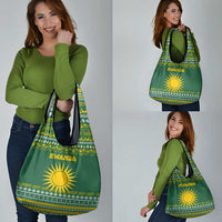 Rwanda Christmas Grocery Bag with Green-Yellow Pattern, National Emblem, and Radiant Sun Motif - Wonder Print Shop