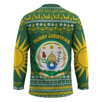 Rwanda Christmas Hockey Jersey with Green-Yellow Pattern, National Emblem, and Radiant Sun Motif - Wonder Print Shop