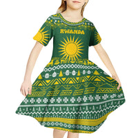 Rwanda Christmas Kid Short Sleeve Dress with Green-Yellow Pattern, National Emblem, and Radiant Sun Motif - Wonder Print Shop