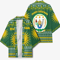 Rwanda Christmas Kimono with Green-Yellow Pattern, National Emblem, and Radiant Sun Motif - Wonder Print Shop