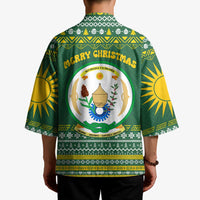 Rwanda Christmas Kimono with Green-Yellow Pattern, National Emblem, and Radiant Sun Motif - Wonder Print Shop