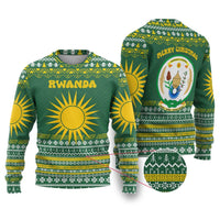 Rwanda Christmas Ugly Christmas Sweater with Green-Yellow Pattern, National Emblem, and Radiant Sun Motif - Wonder Print Shop
