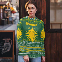 Rwanda Christmas Ugly Christmas Sweater with Green-Yellow Pattern, National Emblem, and Radiant Sun Motif - Wonder Print Shop