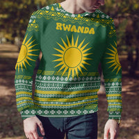 Rwanda Christmas Ugly Christmas Sweater with Green-Yellow Pattern, National Emblem, and Radiant Sun Motif - Wonder Print Shop