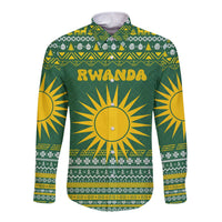 Rwanda Christmas Long Sleeve Button Shirt with Green-Yellow Pattern, National Emblem, and Radiant Sun Motif - Wonder Print Shop