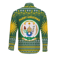 Rwanda Christmas Long Sleeve Button Shirt with Green-Yellow Pattern, National Emblem, and Radiant Sun Motif - Wonder Print Shop