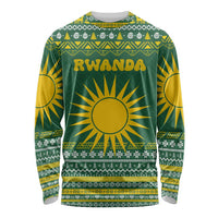 Rwanda Christmas Long Sleeve Shirt with Green-Yellow Pattern, National Emblem, and Radiant Sun Motif - Wonder Print Shop