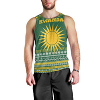 Rwanda Christmas Men Tank Top with Green-Yellow Pattern, National Emblem, and Radiant Sun Motif - Wonder Print Shop