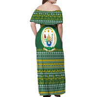 Rwanda Christmas Off Shoulder Maxi Dress with Green-Yellow Pattern, National Emblem, and Radiant Sun Motif - Wonder Print Shop
