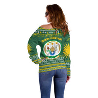 Rwanda Christmas Off Shoulder Sweater with Green-Yellow Pattern, National Emblem, and Radiant Sun Motif - Wonder Print Shop