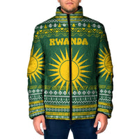 Rwanda Christmas Padded Jacket with Green-Yellow Pattern, National Emblem, and Radiant Sun Motif - Wonder Print Shop