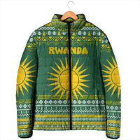 Rwanda Christmas Padded Jacket with Green-Yellow Pattern, National Emblem, and Radiant Sun Motif - Wonder Print Shop