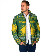Rwanda Christmas Padded Jacket with Green-Yellow Pattern, National Emblem, and Radiant Sun Motif - Wonder Print Shop
