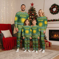 Rwanda Christmas Pajama Set with Green-Yellow Pattern, National Emblem, and Radiant Sun Motif - Wonder Print Shop