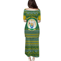 Rwanda Christmas Puletasi with Green-Yellow Pattern, National Emblem, and Radiant Sun Motif - Wonder Print Shop