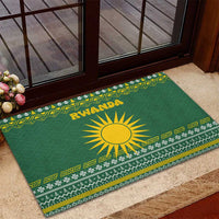Rwanda Christmas Rubber Doormat with Green-Yellow Pattern, National Emblem, and Radiant Sun Motif - Wonder Print Shop