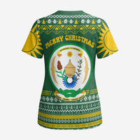 Rwanda Christmas Scrub Top with Green-Yellow Pattern, National Emblem, and Radiant Sun Motif - Wonder Print Shop