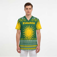 Rwanda Christmas Scrub Top with Green-Yellow Pattern, National Emblem, and Radiant Sun Motif - Wonder Print Shop