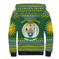 Rwanda Christmas Sherpa Hoodie with Green-Yellow Pattern, National Emblem, and Radiant Sun Motif - Wonder Print Shop