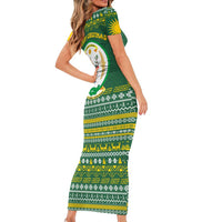 Rwanda Christmas Short Sleeve Bodycon Dress with Green-Yellow Pattern, National Emblem, and Radiant Sun Motif - Wonder Print Shop