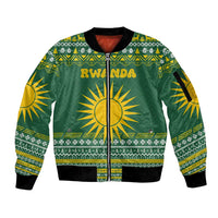Rwanda Christmas Sleeve Zip Bomber Jacket with Green-Yellow Pattern, National Emblem, and Radiant Sun Motif - Wonder Print Shop