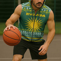 Rwanda Christmas Sleeveless Zip Hoodie with Green-Yellow Pattern, National Emblem, and Radiant Sun Motif - Wonder Print Shop