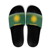Rwanda Christmas Slide Sandals with Green-Yellow Pattern, National Emblem, and Radiant Sun Motif - Wonder Print Shop