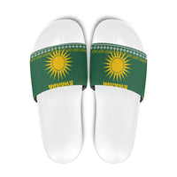 Rwanda Christmas Slide Sandals with Green-Yellow Pattern, National Emblem, and Radiant Sun Motif - Wonder Print Shop
