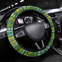 Rwanda Christmas Steering Wheel Cover with Green-Yellow Pattern, National Emblem, and Radiant Sun Motif - Wonder Print Shop