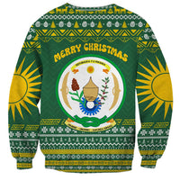 Rwanda Christmas Sweatshirt with Green-Yellow Pattern, National Emblem, and Radiant Sun Motif - Wonder Print Shop