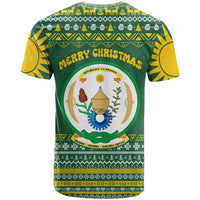 Rwanda Christmas T Shirt with Green-Yellow Pattern, National Emblem, and Radiant Sun Motif - Wonder Print Shop
