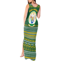 Rwanda Christmas Tank Maxi Dress with Green-Yellow Pattern, National Emblem, and Radiant Sun Motif - Wonder Print Shop