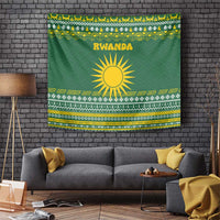 Rwanda Christmas Tapestry with Green-Yellow Pattern, National Emblem, and Radiant Sun Motif - Wonder Print Shop