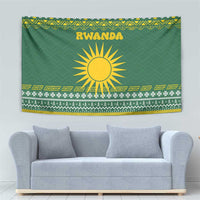 Rwanda Christmas Tapestry with Green-Yellow Pattern, National Emblem, and Radiant Sun Motif - Wonder Print Shop