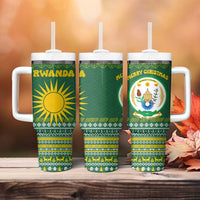 Rwanda Christmas Tumbler With Handle with Green-Yellow Pattern, National Emblem, and Radiant Sun Motif - Wonder Print Shop